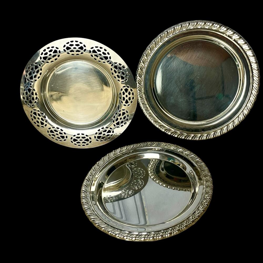 3 Vintage Silver Plate Trays Trinket Dishes Plates 5.5” Oneida Rogers Vanity Lot